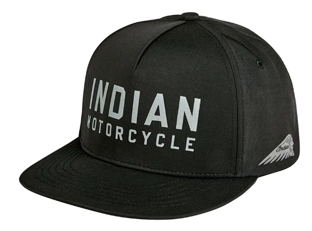 Indian Motorcycle Block Logo Flat Peak Cap Black Reflective Snapback 2866642