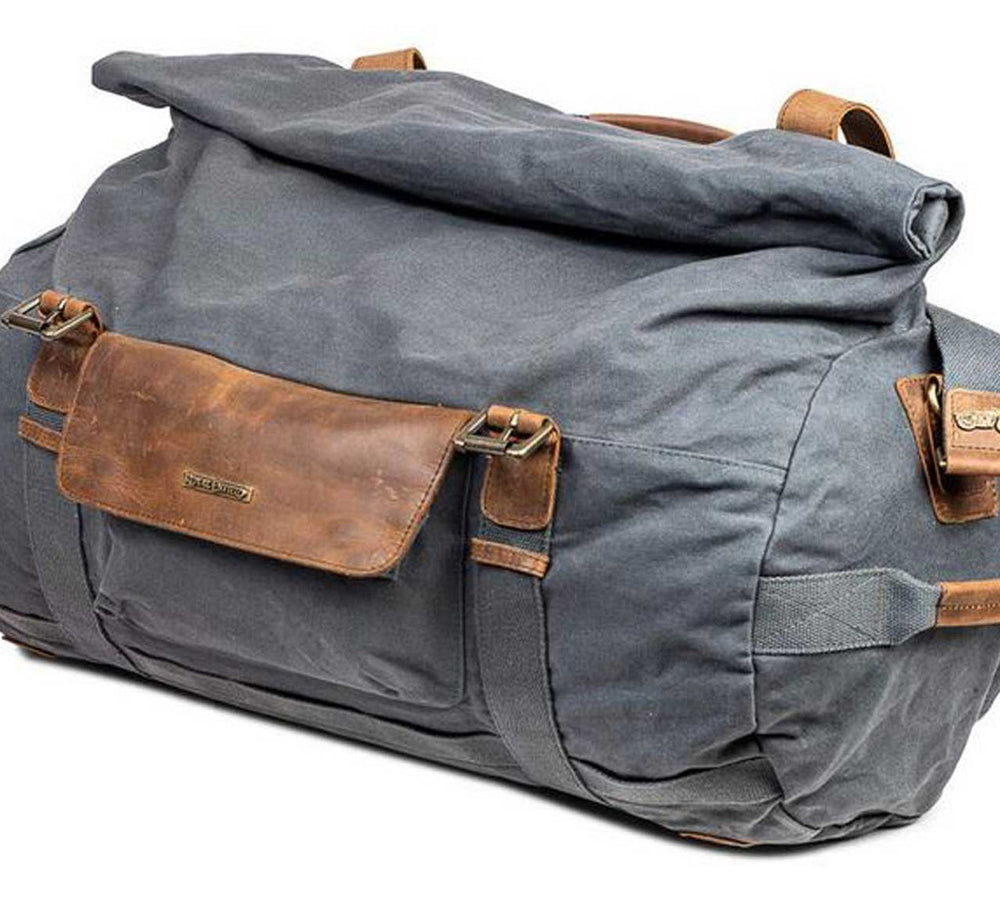Royal Enfield Classic Duffel Bag, Roll Top with Leather Straps - Worn Gray